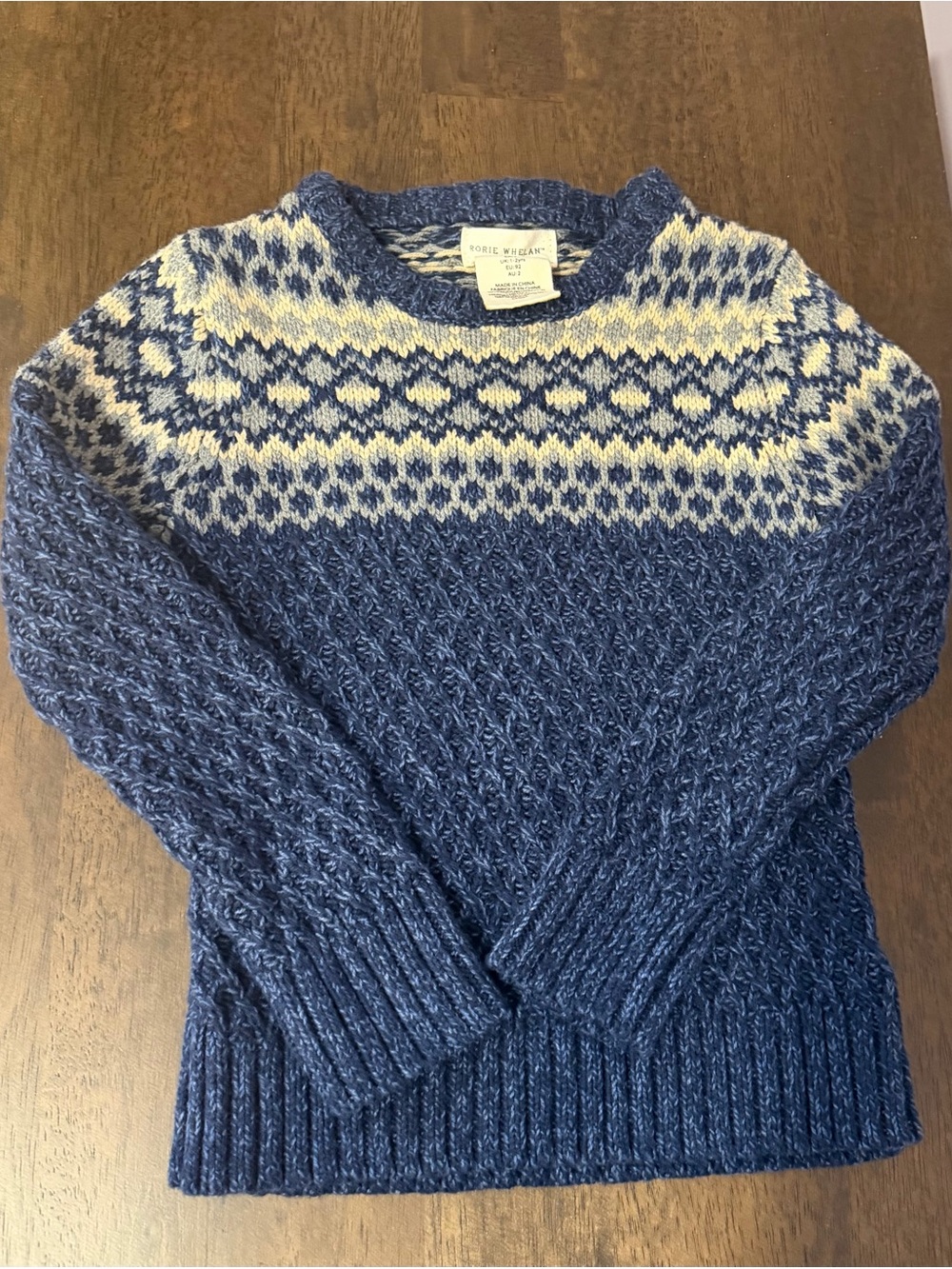 Kids Blue Fair Isle Crewneck Sweater by Rorie Whelan.